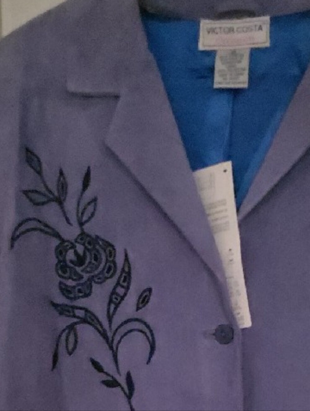 Victor Costa Lavender Suede Jacket with Black Floral Embroidery - Picture 3 of 11